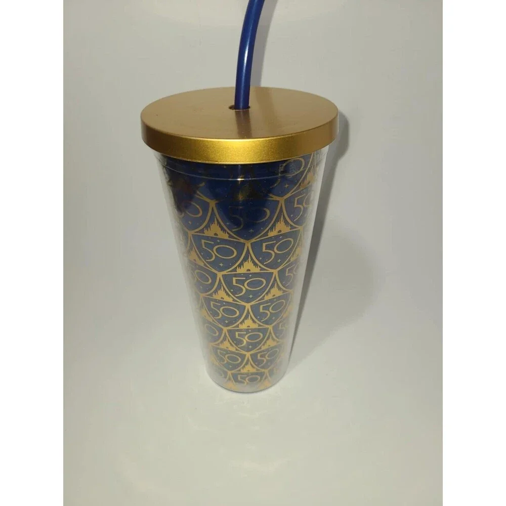 NEW 2022 Walt Disney World Parks 50th Anniversary Gold Castle Blue Tumbler Straw